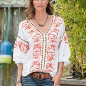 SUNDANCE Moroccan Dreams Embroidered Peasant Tunic Top Blouse Size L
